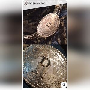 Montana Silversmiths Silver Floral Belt Buckle with Initial R 32 -42 In Long.